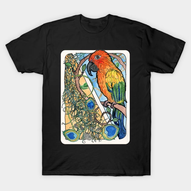 Sun Conure with Feathers and Sunflower Seeds Watercolor Print T-Shirt by CrysOdenkirk